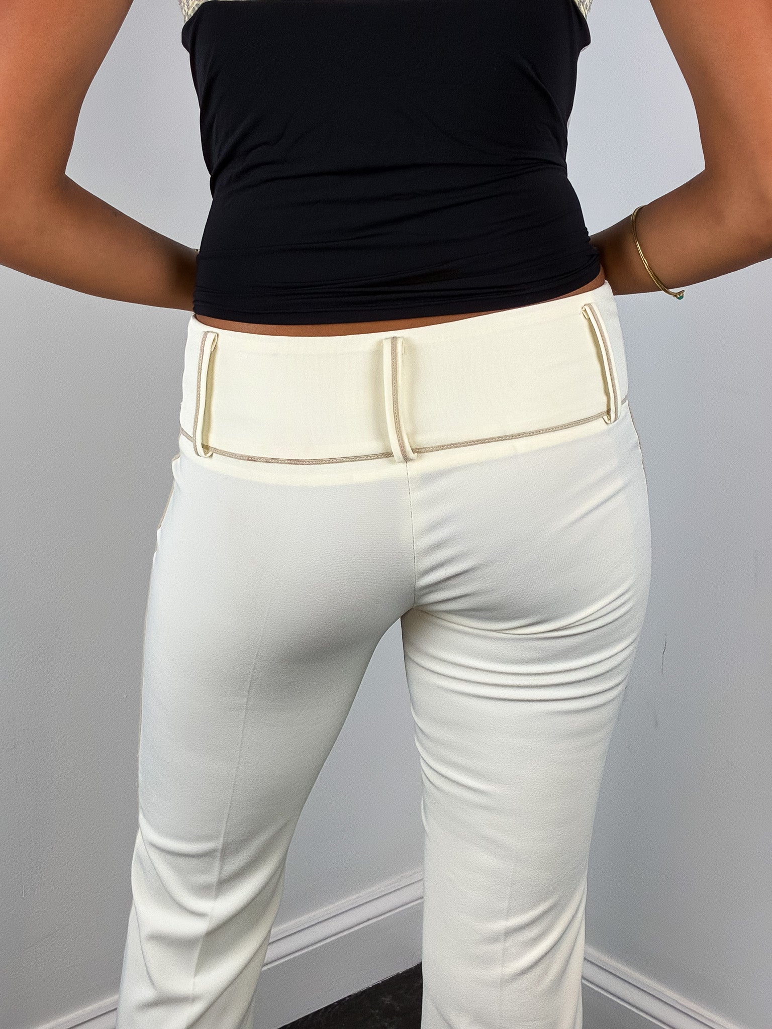 Enzo Loco 2000s Cream Contrast Piped Flare Pants - W25