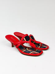 Prada 2000s Red Leather Geometric Print Thong Kitten Heel Sandals - EU 37