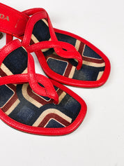 Prada 2000s Red Leather Geometric Print Thong Kitten Heel Sandals - EU 37
