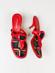 Prada 2000s Red Leather Geometric Print Thong Kitten Heel Sandals - EU 37