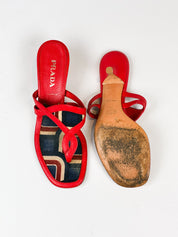 Prada 2000s Red Leather Geometric Print Thong Kitten Heel Sandals - EU 37