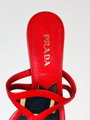 Prada 2000s Red Leather Geometric Print Thong Kitten Heel Sandals - EU 37