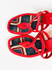 Prada 2000s Red Leather Geometric Print Thong Kitten Heel Sandals - EU 37