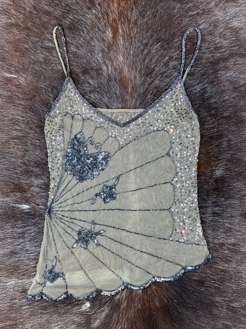 Early 2000s Muted Green & Silver Butterfly Beaded Mesh Cami