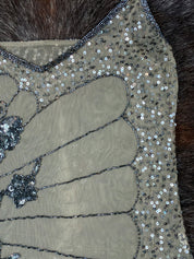 Early 2000s Muted Green & Silver Butterfly Beaded Mesh Cami
