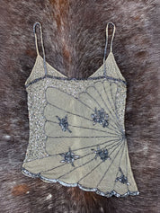 Early 2000s Muted Green & Silver Butterfly Beaded Mesh Cami