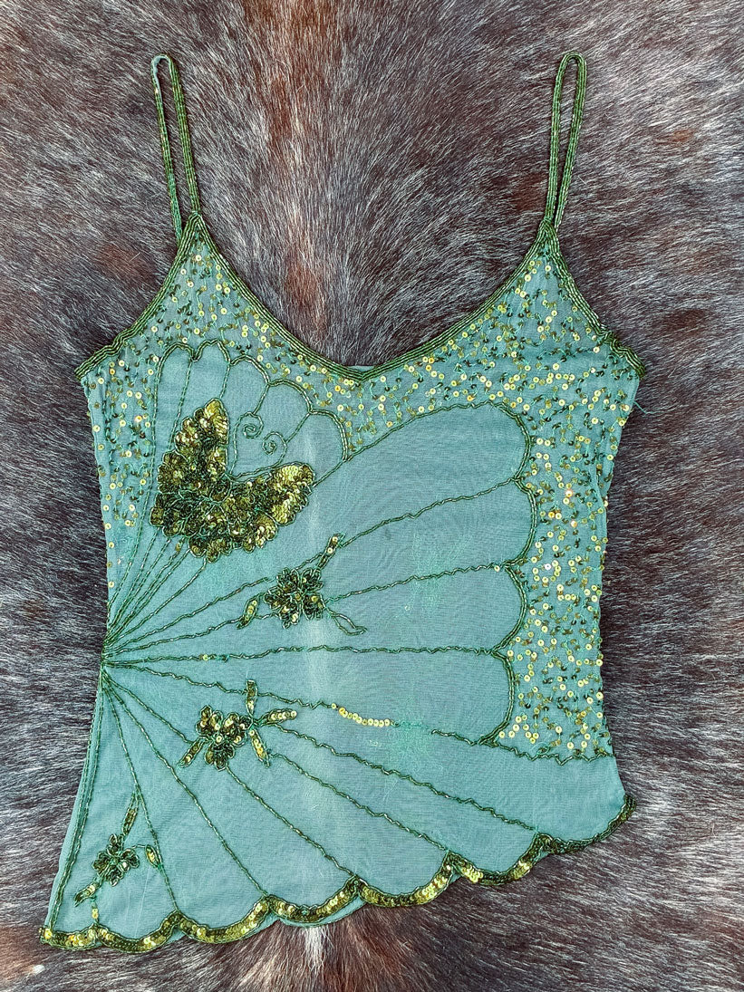 Early 2000s Teal Green Butterfly Beaded Mesh Cami