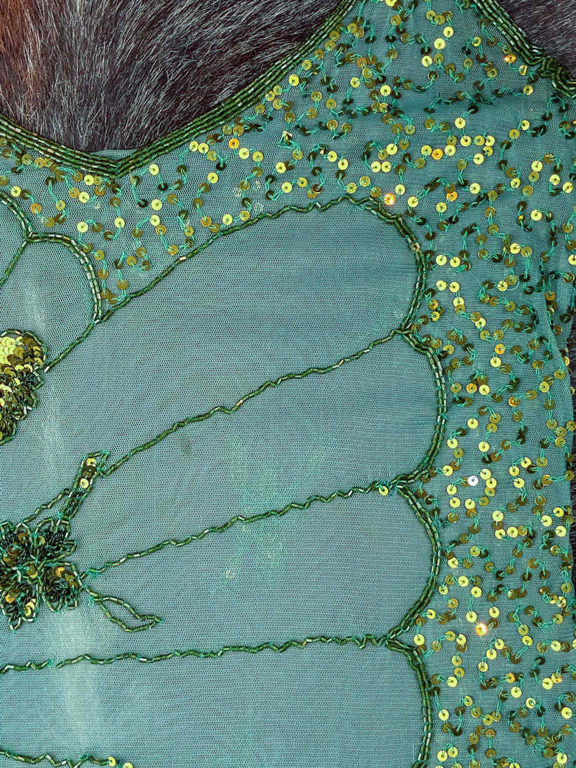 Early 2000s Teal Green Butterfly Beaded Mesh Cami