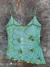 Early 2000s Teal Green Butterfly Beaded Mesh Cami