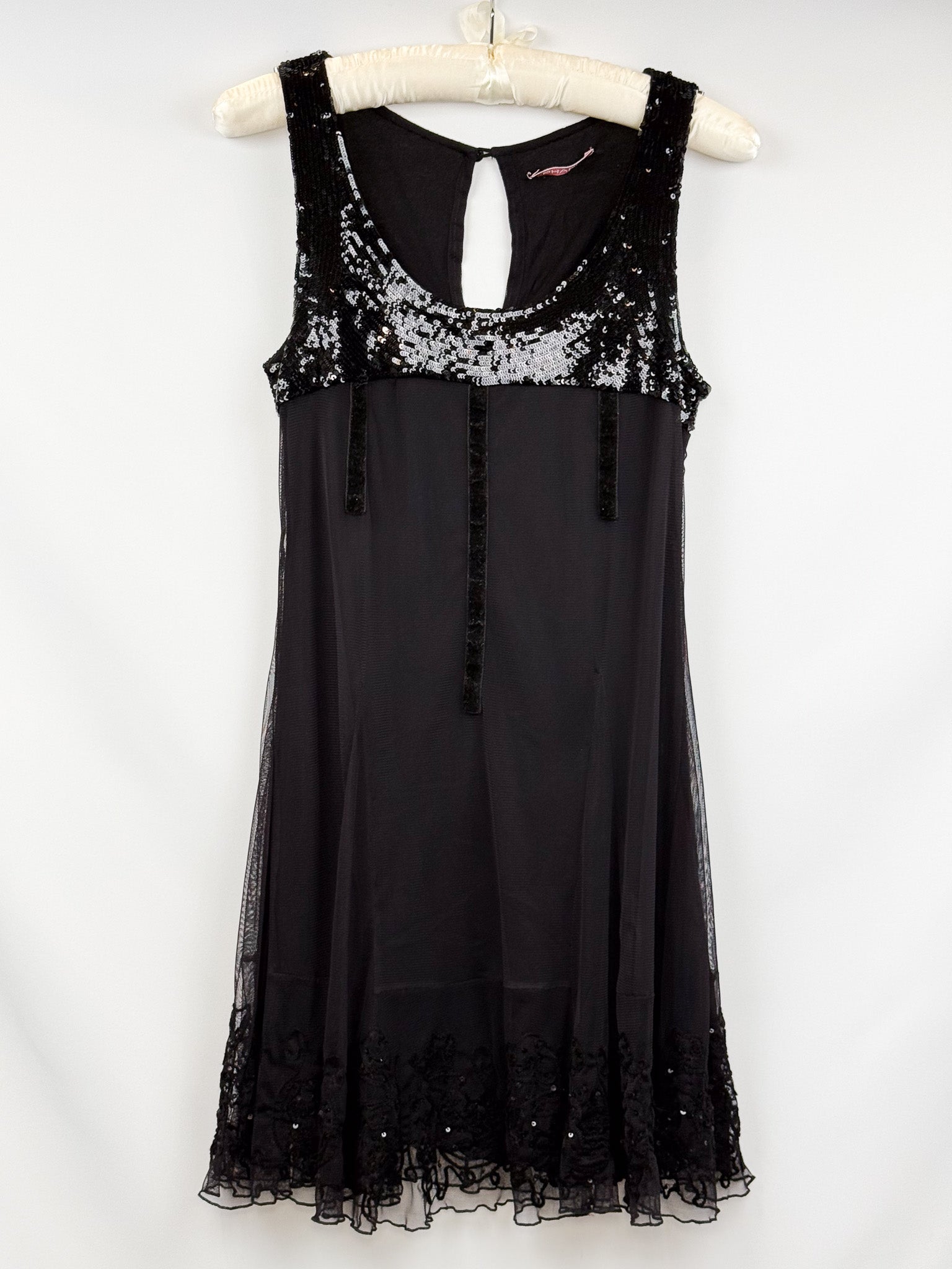 Phard 2000s Black Sequin Bodice Mesh Dress with Lace Hem - S/M