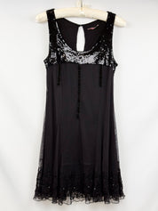 Phard 2000s Black Sequin Bodice Mesh Dress with Lace Hem - S/M