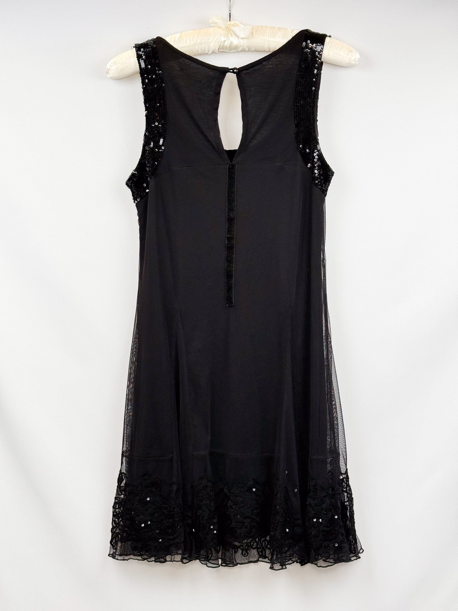 Phard 2000s Black Sequin Bodice Mesh Dress with Lace Hem - S/M