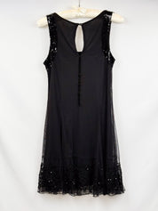 Phard 2000s Black Sequin Bodice Mesh Dress with Lace Hem - S/M