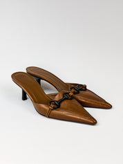 Gucci Tan Leather Black Horsebit Pointed Toe Kitten Heel Mules - EU 37.5