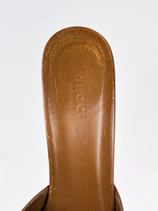 Gucci Tan Leather Black Horsebit Pointed Toe Kitten Heel Mules - EU 37.5
