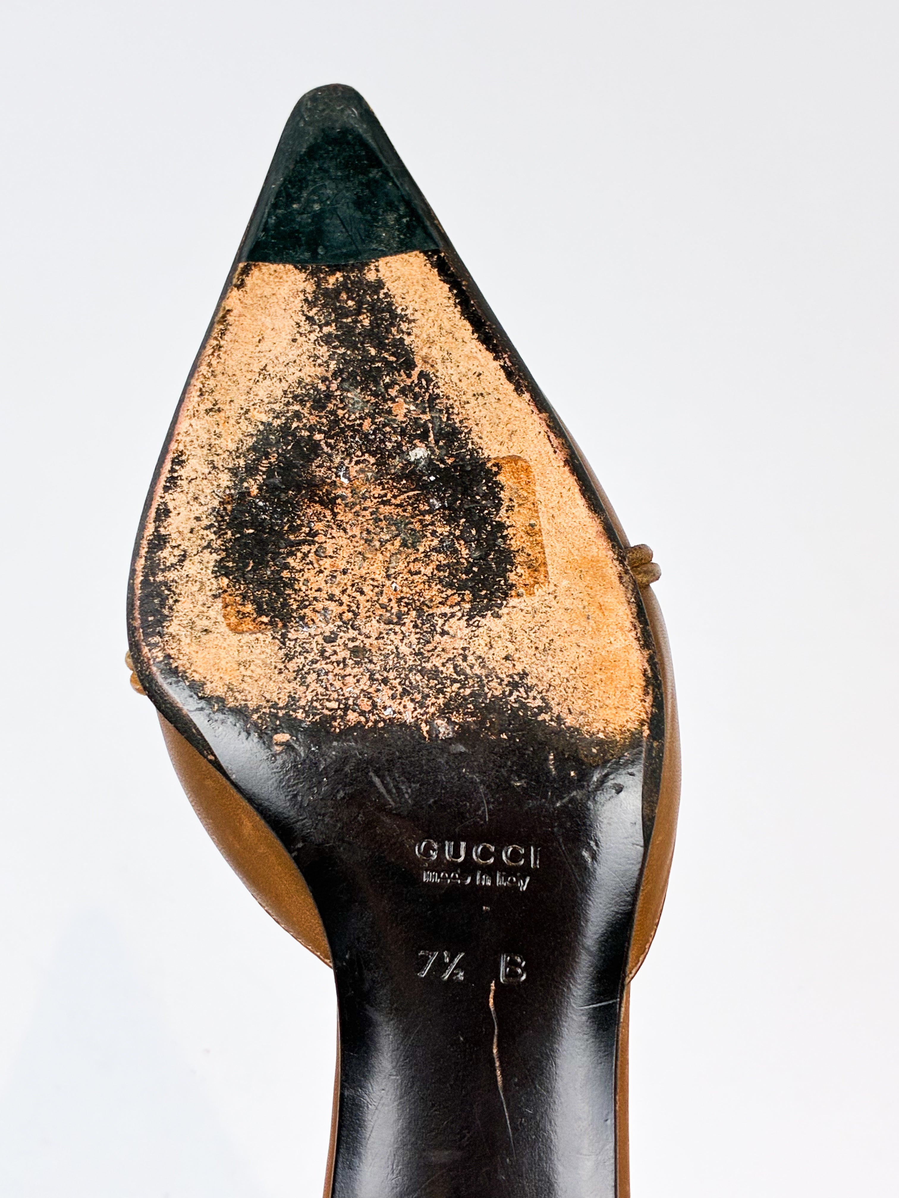 Gucci Tan Leather Black Horsebit Pointed Toe Kitten Heel Mules - EU 37.5