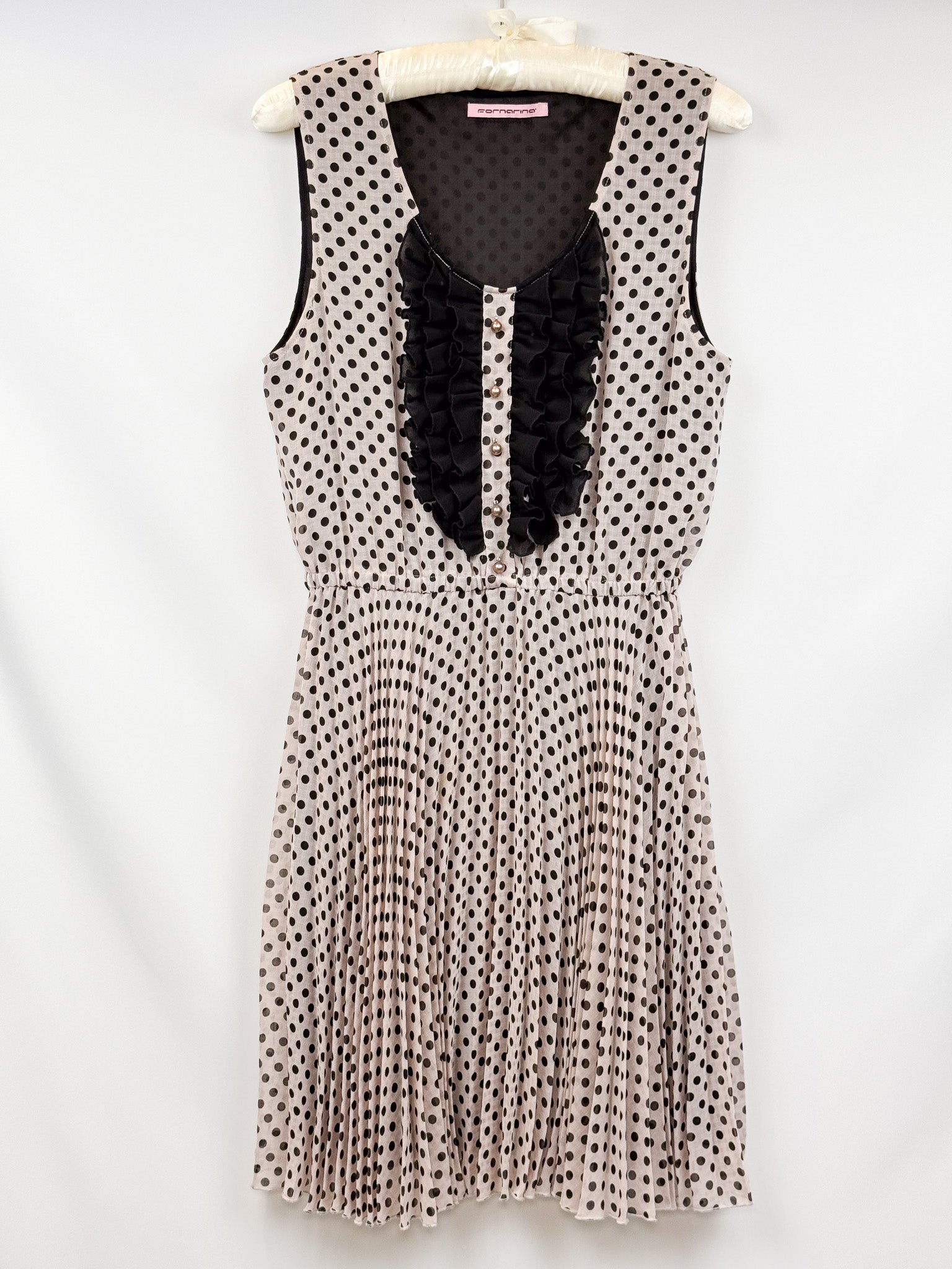 Fornarina 2000s Cream Polka Dot Ruffle Bib Pleated Midi Dress - M/L