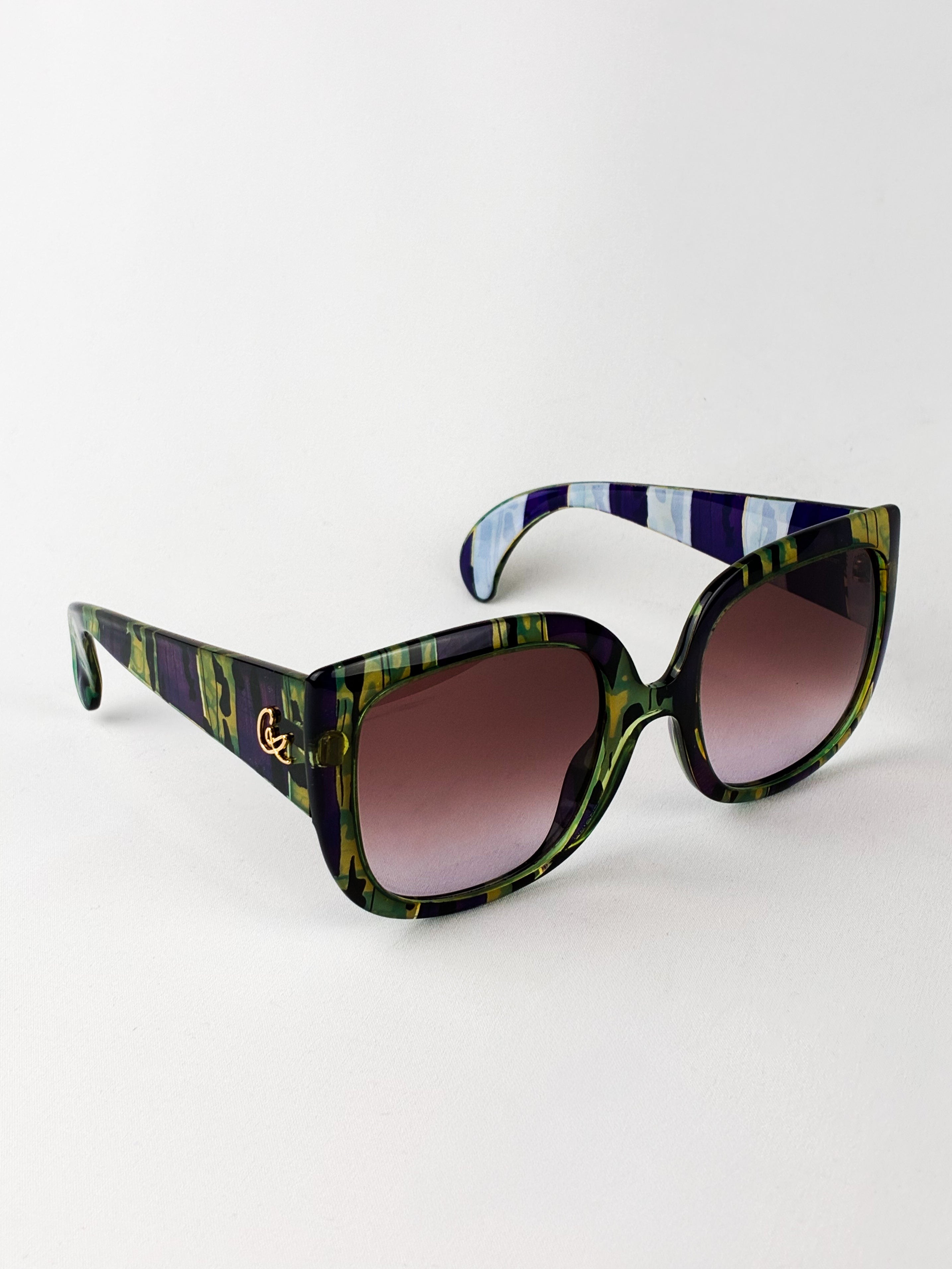 Christian Lacroix 2000s Purple and Green Painterly Stripe Oversized Sunglasses