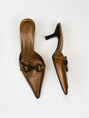 Gucci Tan Leather Black Horsebit Pointed Toe Kitten Heel Mules - EU 37.5