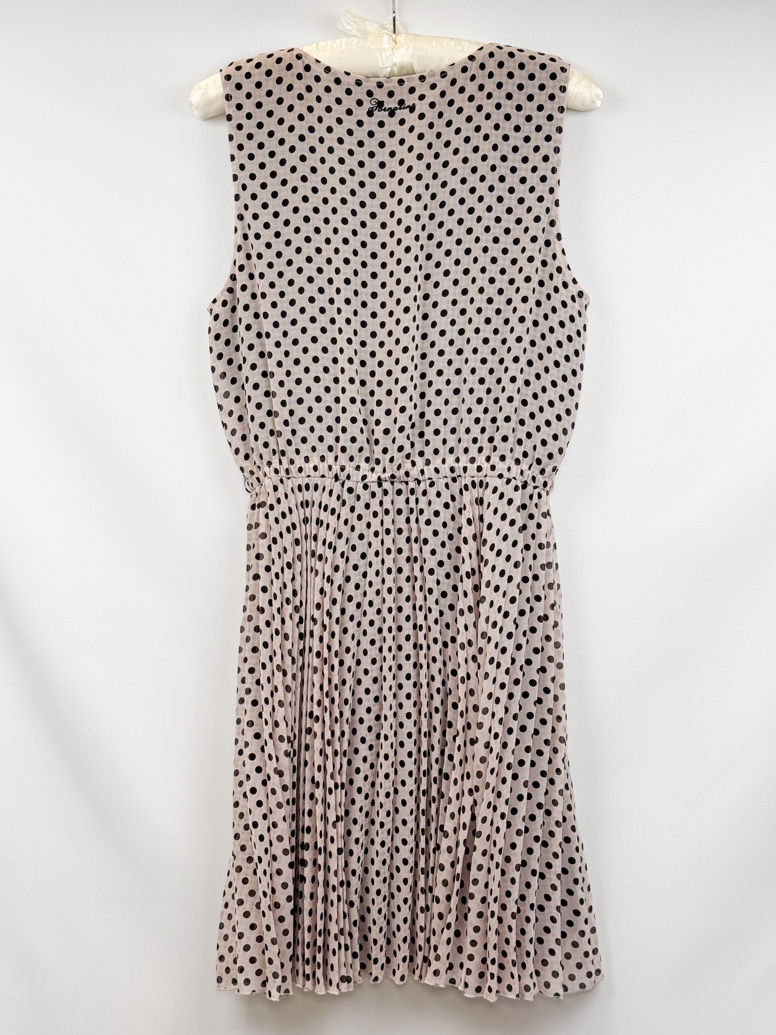 Fornarina 2000s Cream Polka Dot Ruffle Bib Pleated Midi Dress - M/L