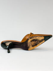 Gucci Tan Leather Black Horsebit Pointed Toe Kitten Heel Mules - EU 37.5