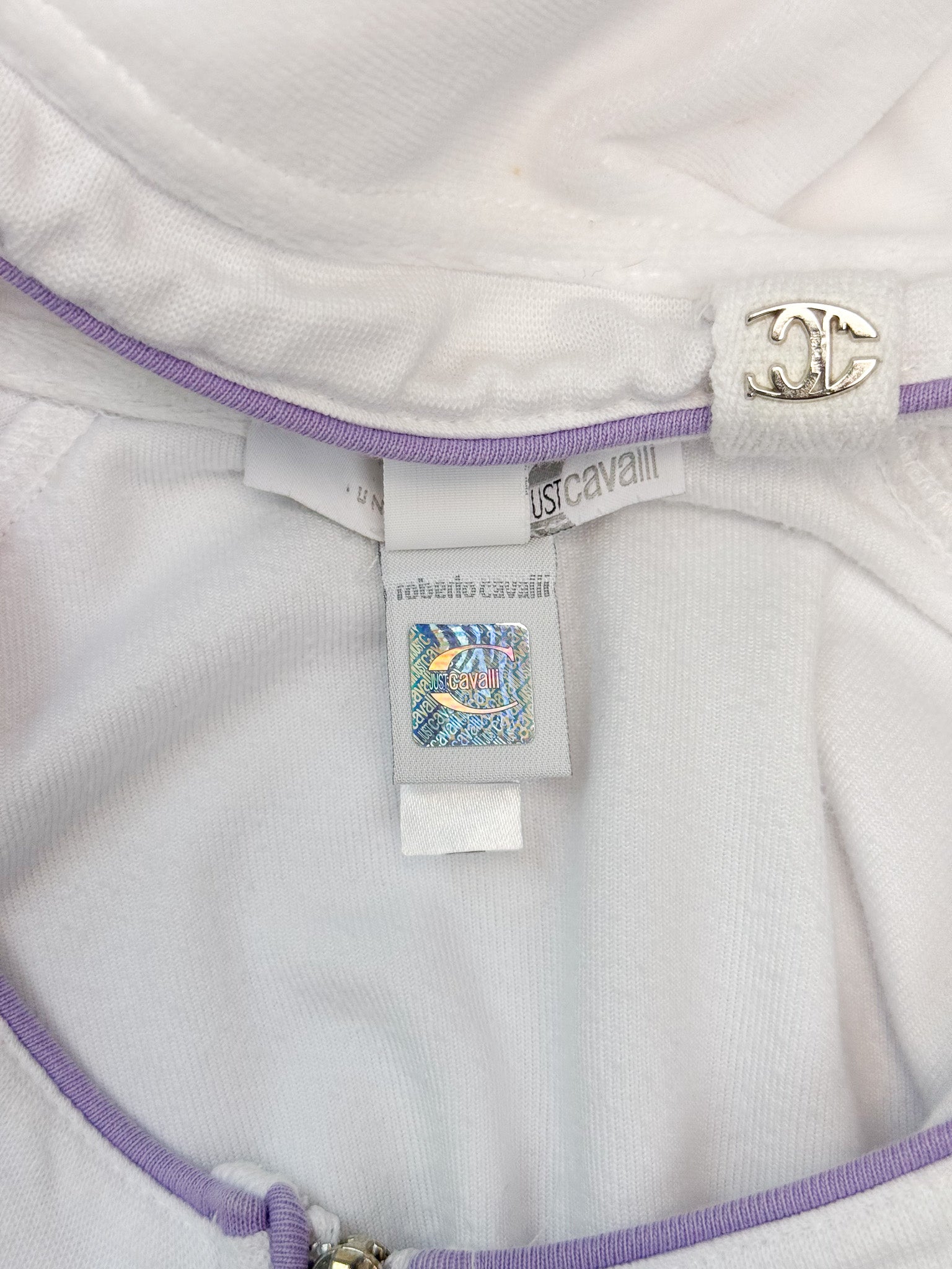 Just Cavalli 2000s White Rhinestone Logo Zip Hoodie - S