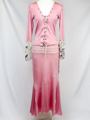 Class Roberto Cavalli 2000s Pink Lace-Up Corset Top & Skirt Set with Tiger Print Trim - L