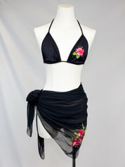 Blumarine 2000s Black Hibiscus Embroidered Bikini and Sarong Set – M/L