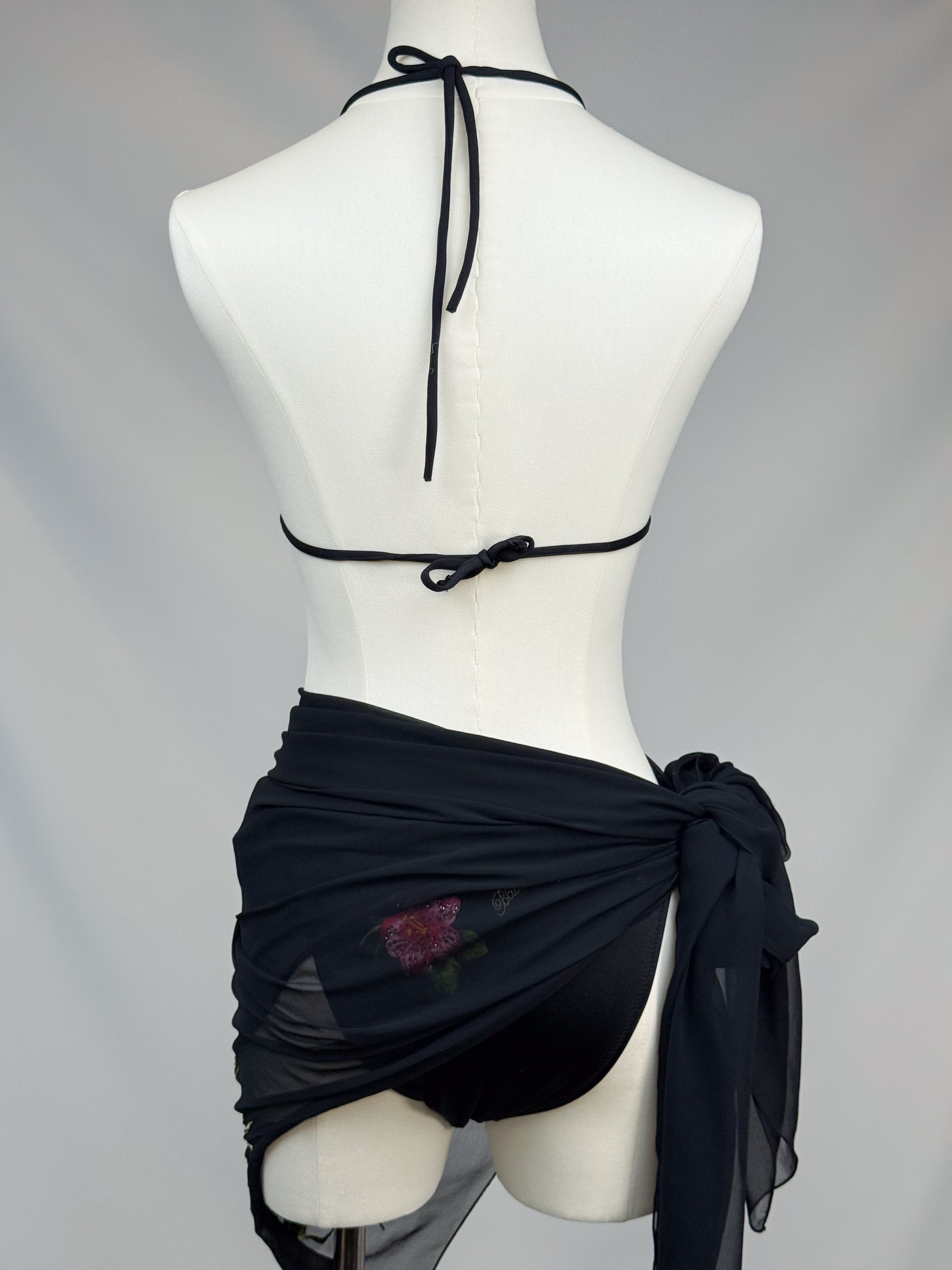 Blumarine 2000s Black Hibiscus Embroidered Bikini and Sarong Set – M/L