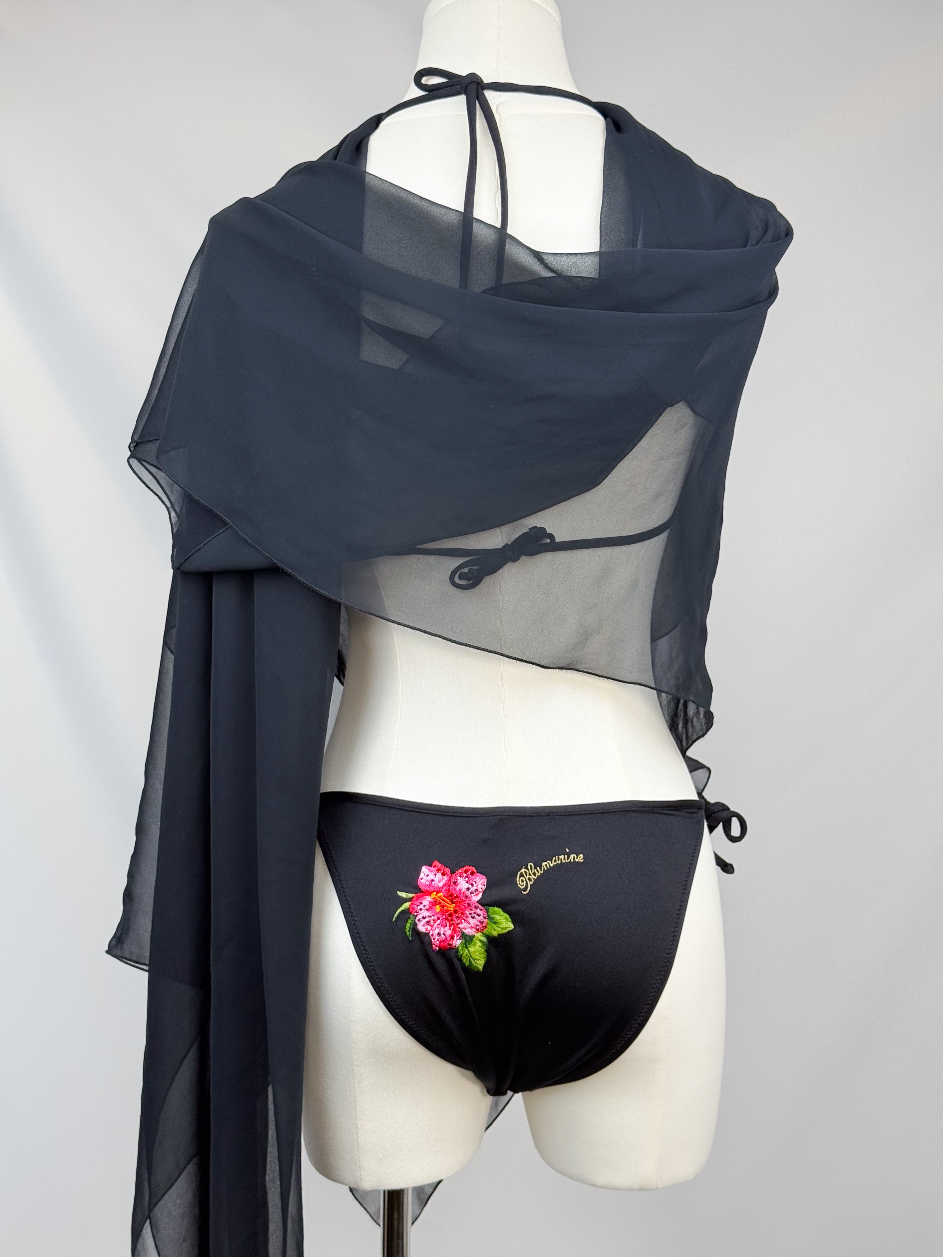 Blumarine 2000s Black Hibiscus Embroidered Bikini and Sarong Set – M/L