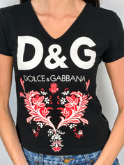 D&G Dolce & Gabbana 2000s Black Logo Floral Graphic Tee - S