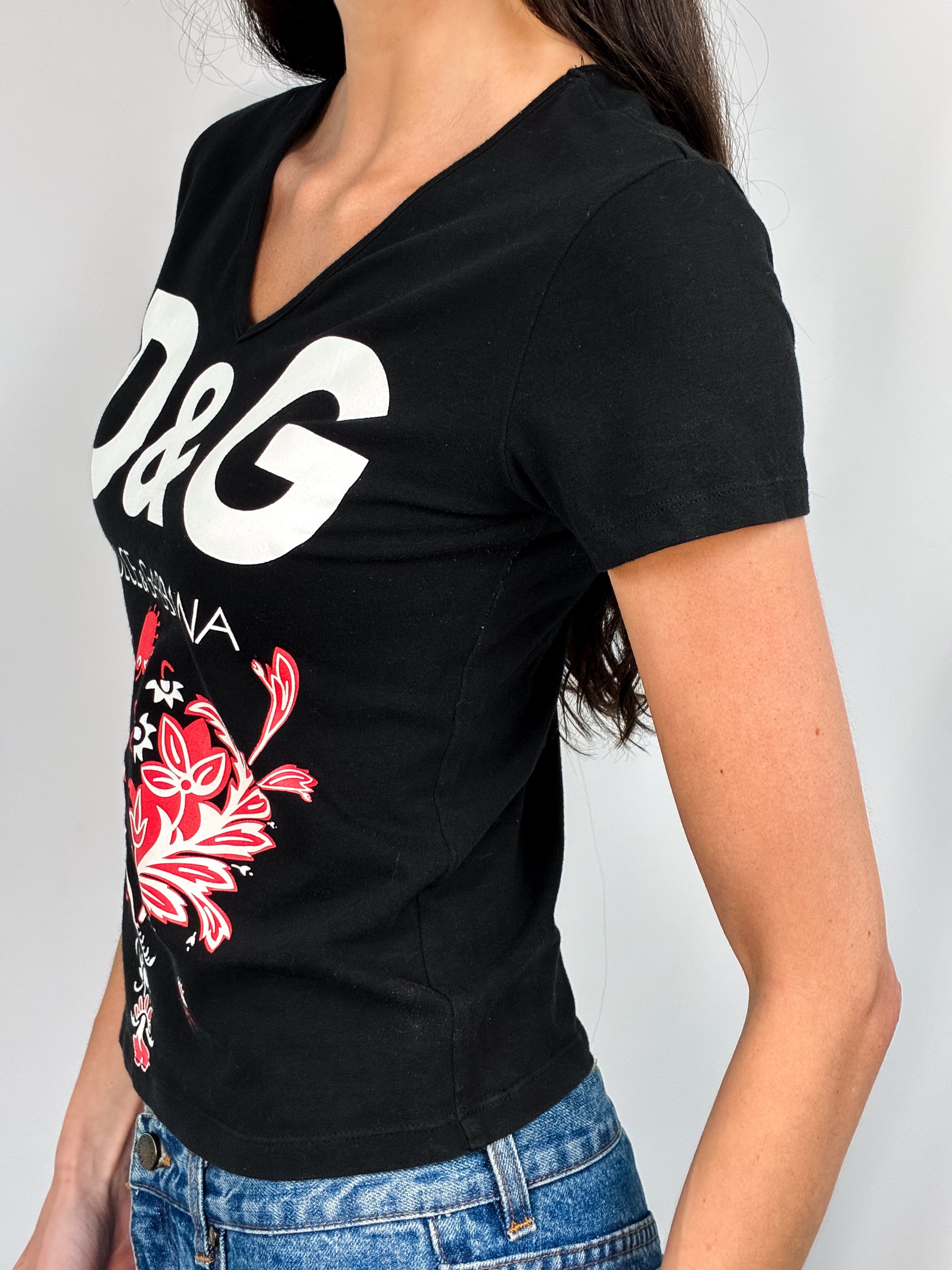 D&G Dolce & Gabbana 2000s Black Logo Floral Graphic Tee - S