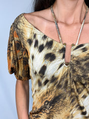 Just Cavalli 2000s Animalier Cheetah Print Ruched Gold Stud V-Neck Top - S/M