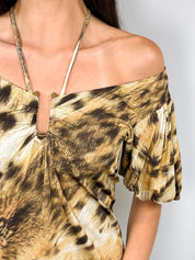 Just Cavalli 2000s Animalier Cheetah Print Ruched Gold Stud V-Neck Top - S/M
