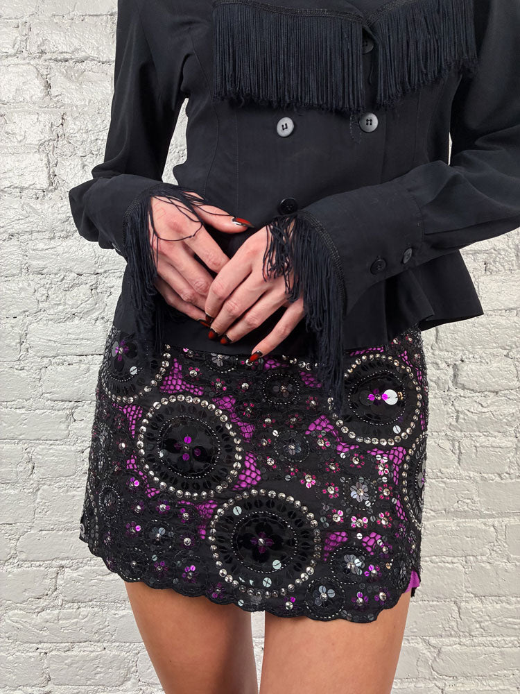 Pinko 2000s Black & Purple Sequin Mini Skirt