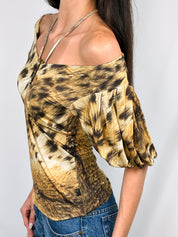 Just Cavalli 2000s Animalier Cheetah Print Ruched Gold Stud V-Neck Top - S/M