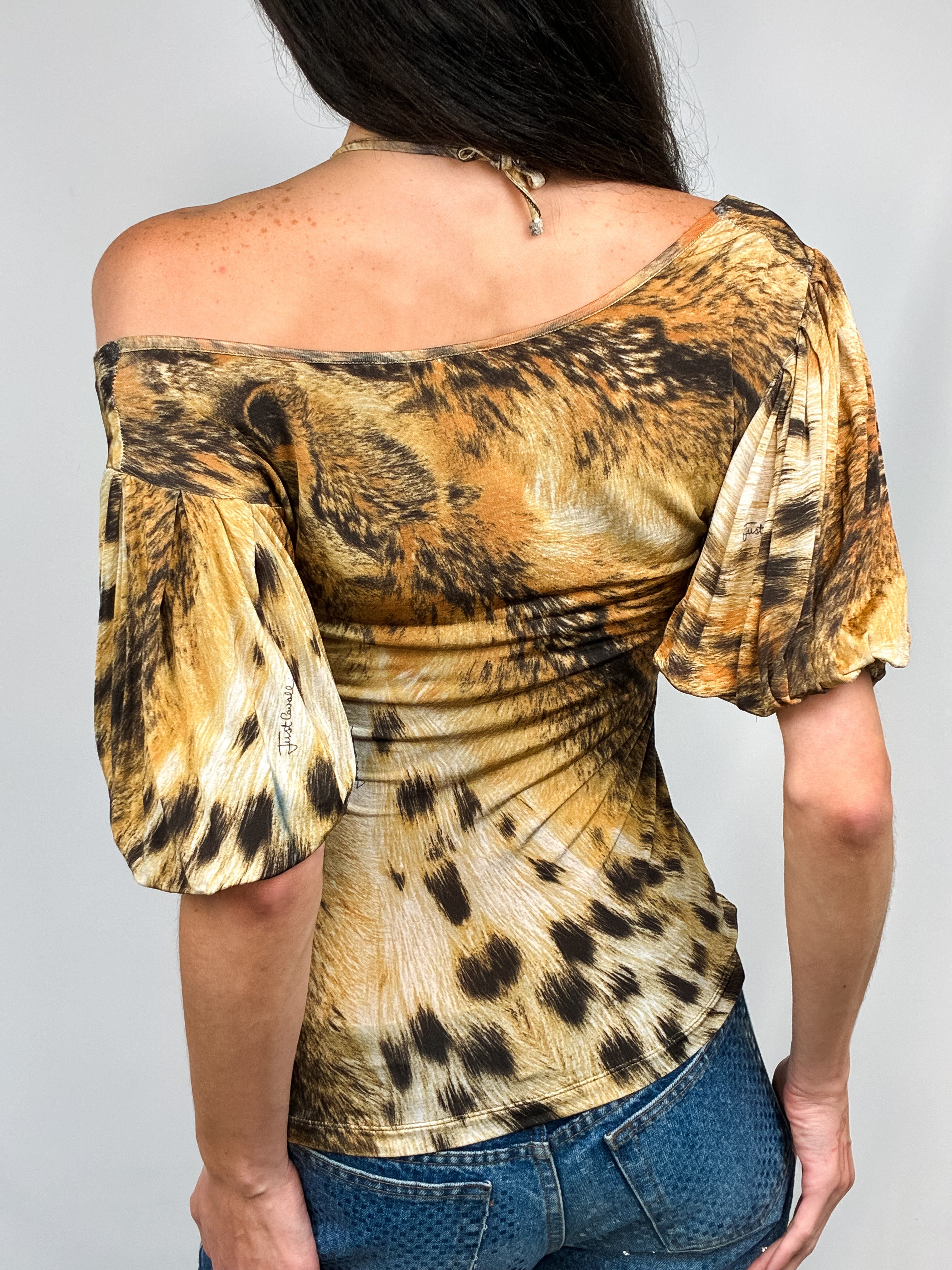 Just Cavalli 2000s Animalier Cheetah Print Ruched Gold Stud V-Neck Top - S/M