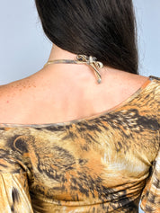 Just Cavalli 2000s Animalier Cheetah Print Ruched Gold Stud V-Neck Top - S/M