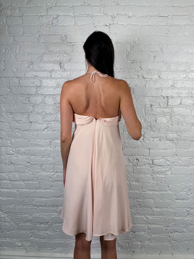 Blumarine 2000s Pink Silk Ruffle Halter Dress