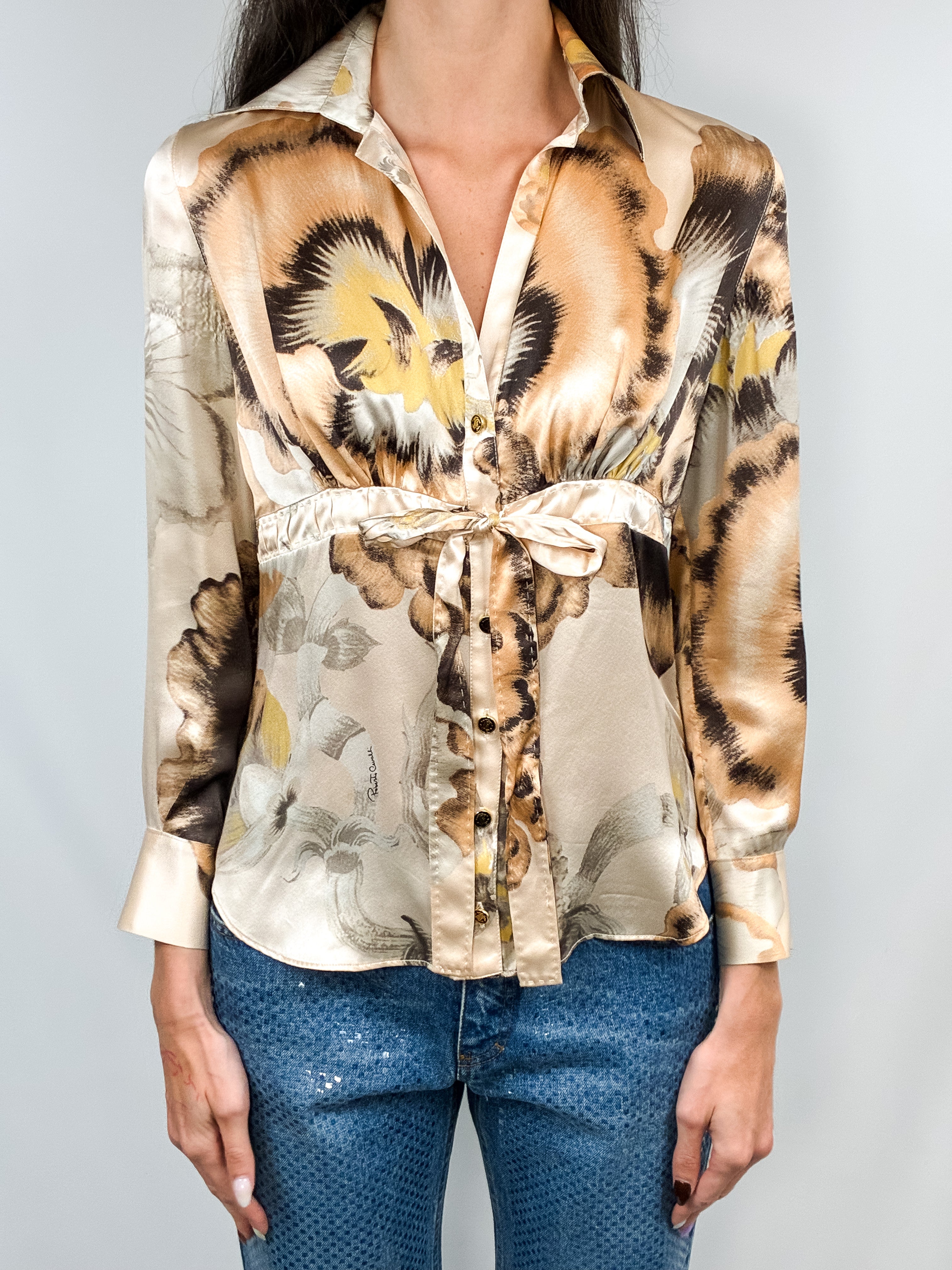 Roberto Cavalli 2000s Painterly Floral Silk Tie-Waist Blouse - S/M