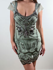 Karen Millen 2010s Beaded Sage Green Embellished Mesh Dress