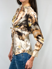 Roberto Cavalli 2000s Painterly Floral Silk Tie-Waist Blouse - S/M