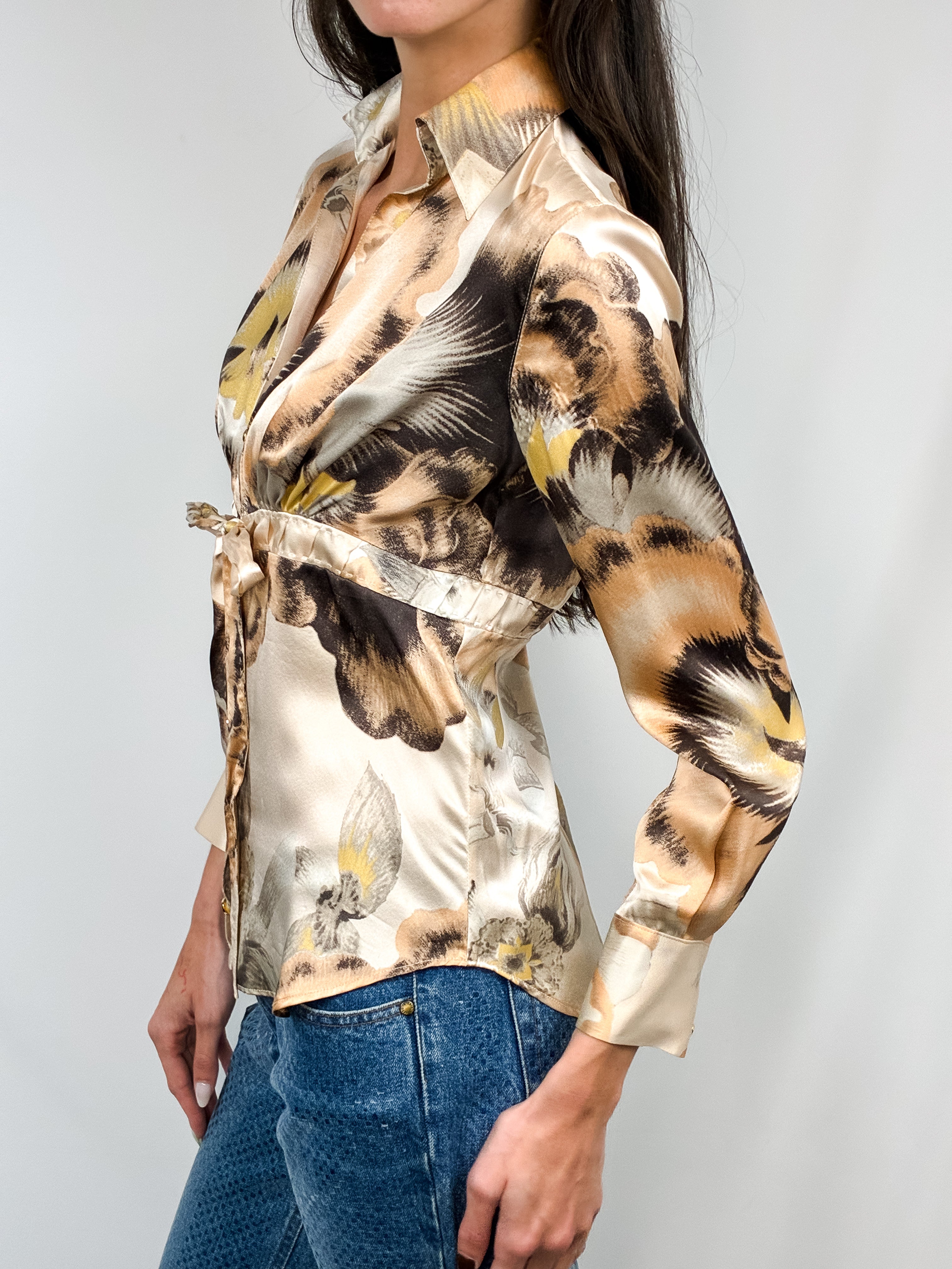 Roberto Cavalli 2000s Painterly Floral Silk Tie-Waist Blouse - S/M