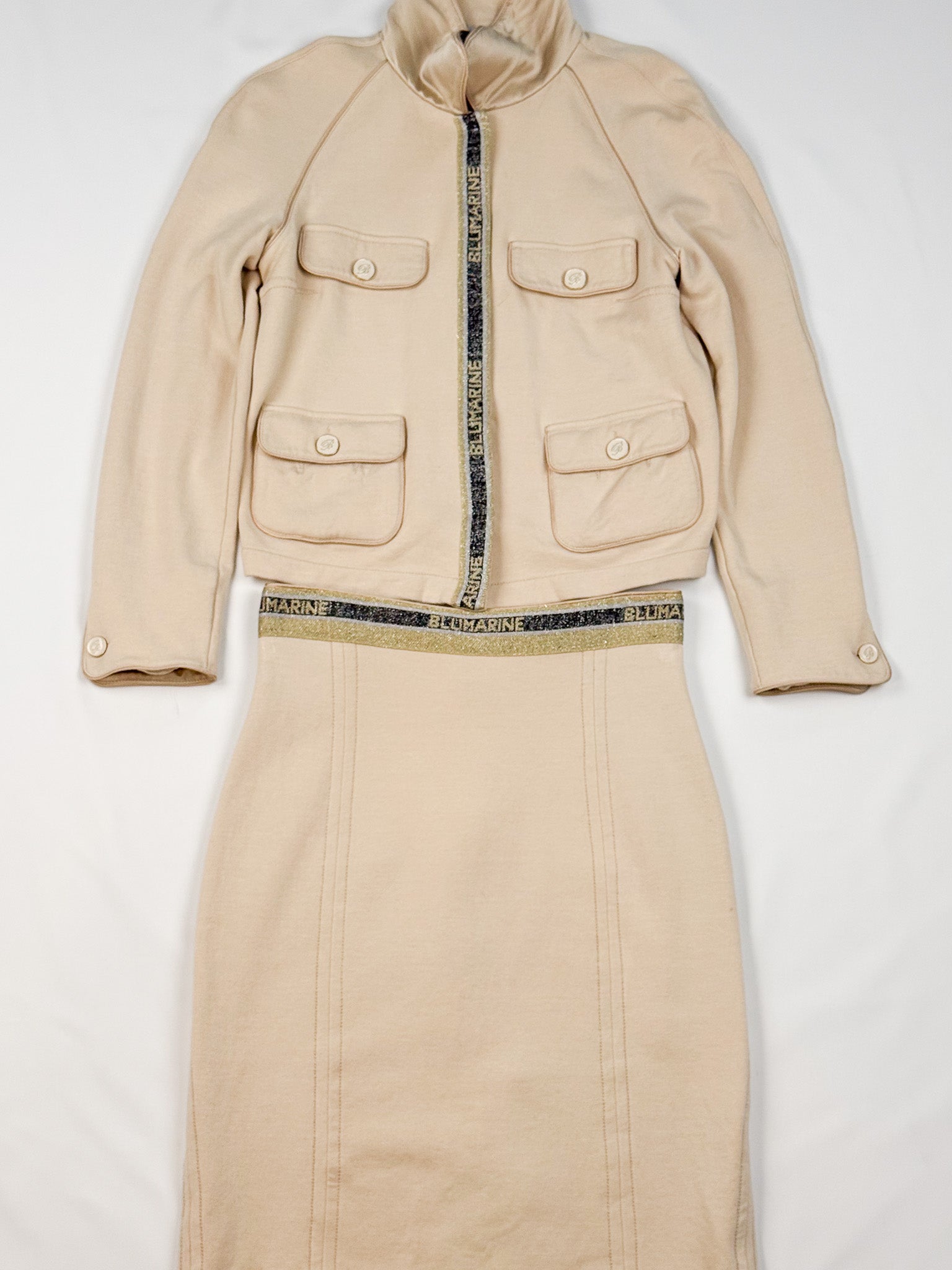 Blumarine 2000s Cream Cashmere-Blend Logo Tape Jacket & Skirt Set - S