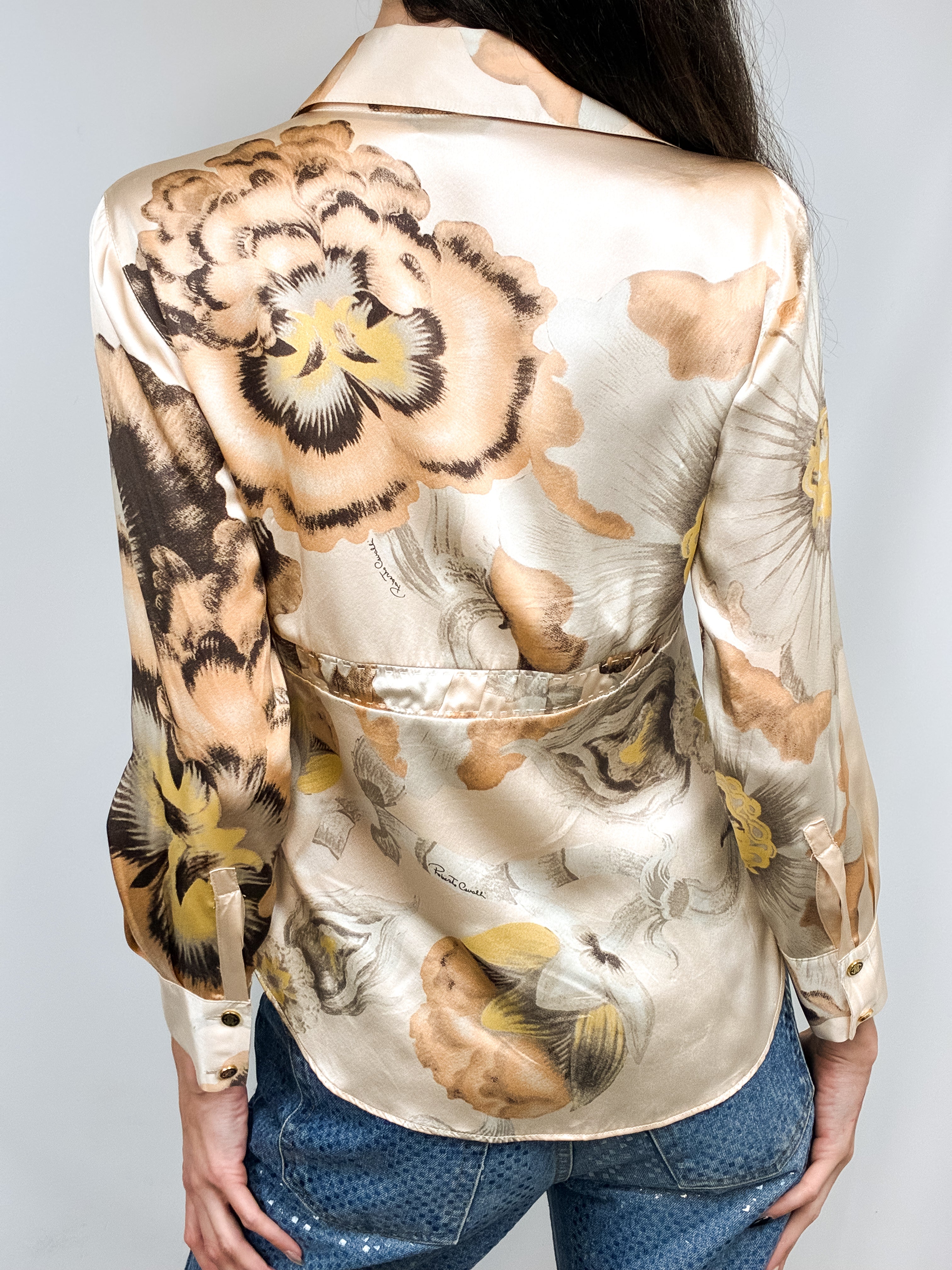 Roberto Cavalli 2000s Painterly Floral Silk Tie-Waist Blouse - S/M