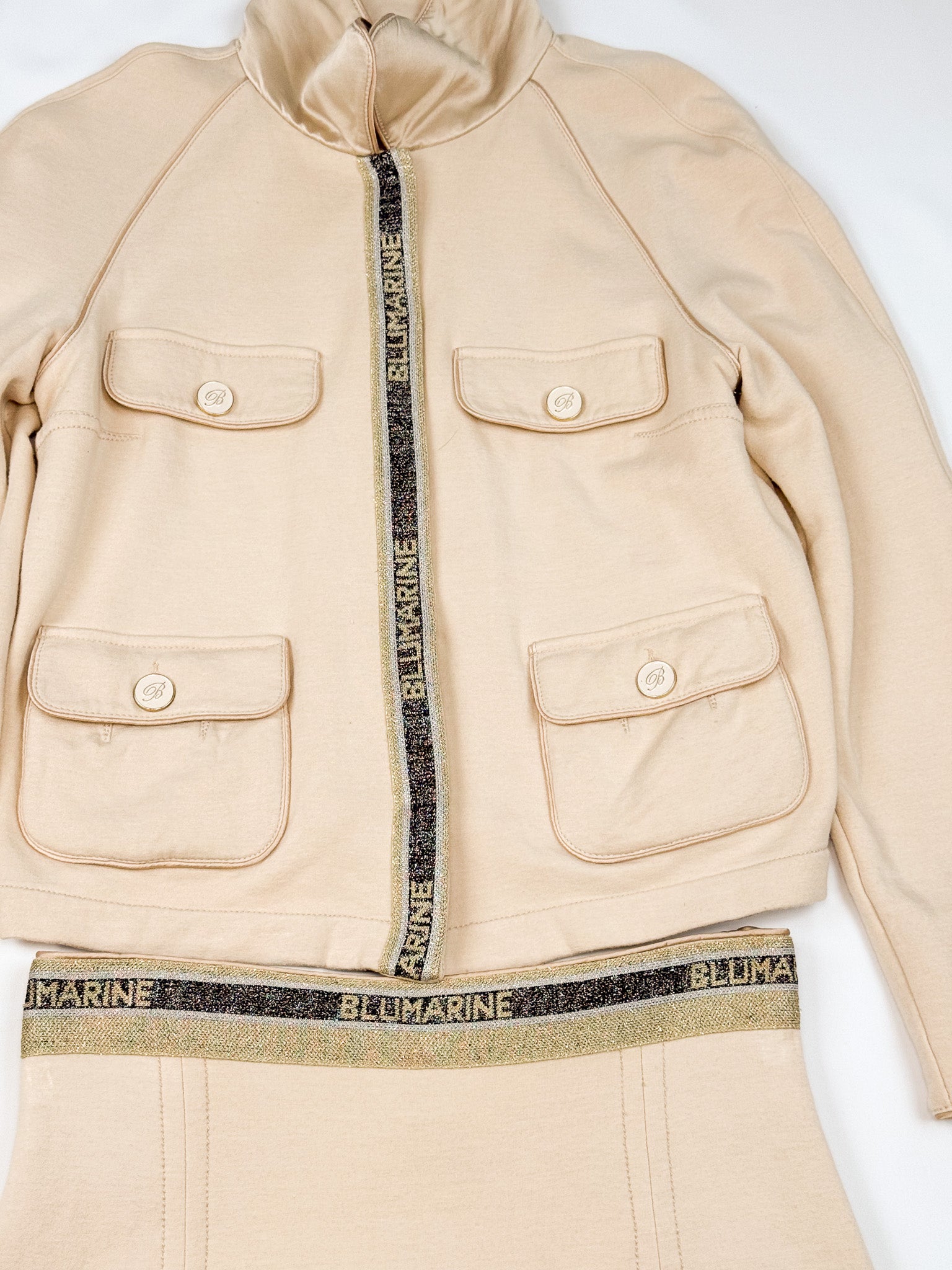 Blumarine 2000s Cream Cashmere-Blend Logo Tape Jacket & Skirt Set - S