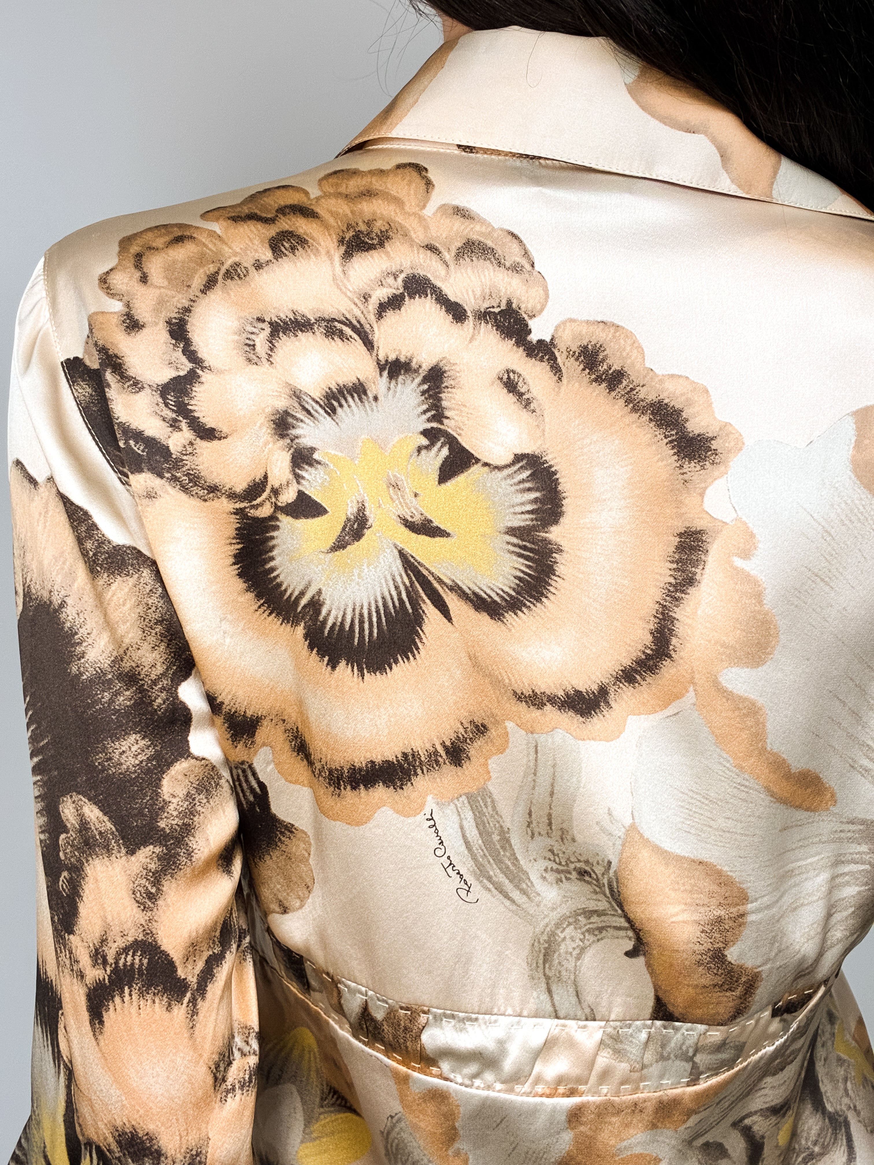 Roberto Cavalli 2000s Painterly Floral Silk Tie-Waist Blouse - S/M