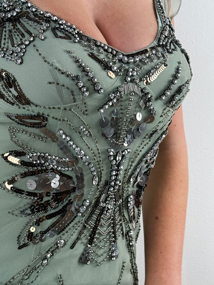 Karen Millen 2010s Beaded Sage Green Embellished Mesh Dress