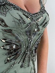 Karen Millen 2010s Beaded Sage Green Embellished Mesh Dress