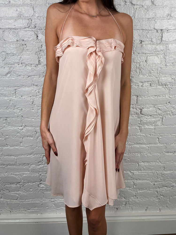 Blumarine 2000s Pink Silk Ruffle Halter Dress